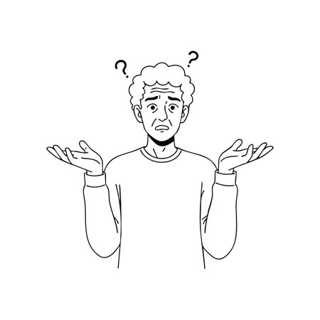 Illustration shows a confused man shrugging with question marks above his head, expressing doubt and uncertainty in a simple black and white line art style. Thoughtful mood.のイラスト素材