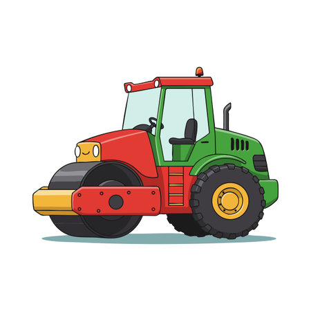 Vector illustration of a red and green road roller used for compacting surfaces in construction and...