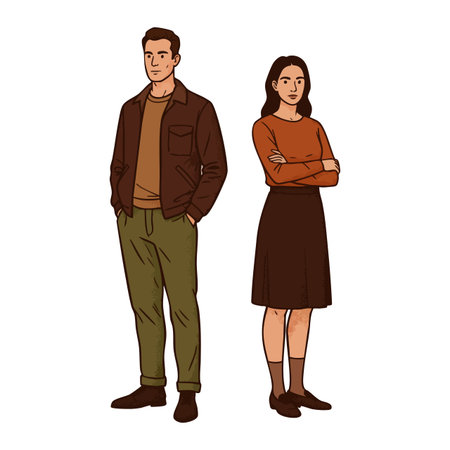 Vector illustration showing a young man and woman standing with arms crossed and hands in pockets, dressed in autumn colors, calm mood.のイラスト素材