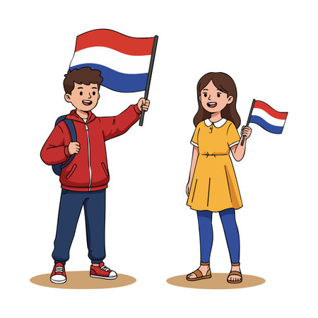 Two children hold Dutch flags proudly, dressed in casual outfits, expressing joy and patriotism in a bright, cheerful vector style. Cheerful mood.のイラスト素材