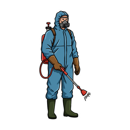 Illustration shows a person wearing a blue protective suit and gas mask spraying disinfectant with a backpack sprayer in a clean environment. Prepared mood.のイラスト素材