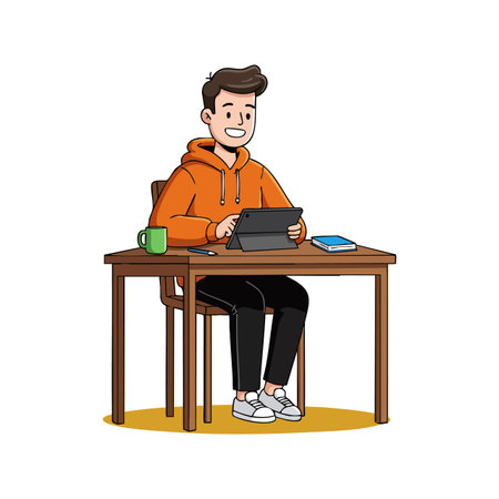Illustration shows a young man in an orange hoodie sitting at a wooden desk using a tablet with a coffee cup and book nearby, focused and relaxed mood.のイラスト素材