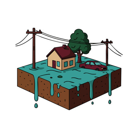 Vector illustration shows small house with tree car and power lines on floating soil block dripping water, representing environment and landscape in creative style. Calm mood.のイラスト素材