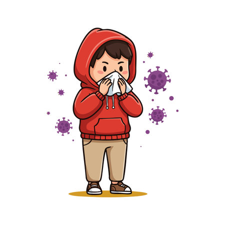Illustration of a child wearing a red hoodie sneezing into a tissue with virus particles around, depicting illness and caution, calm mood.のイラスト素材