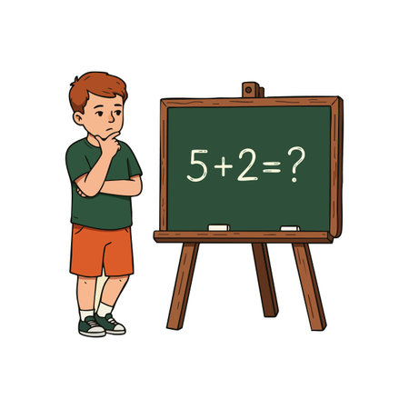 A boy stands thoughtfully next to a blackboard with a simple math equation, illustrating learning and problem-solving, calm mood.のイラスト素材