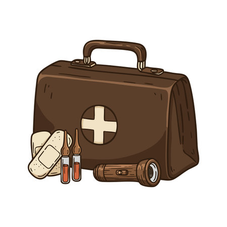 Illustration shows a brown first aid kit with bandages, medicine bottles, and a flashlight for emergency health care and safety, calm mood.のイラスト素材
