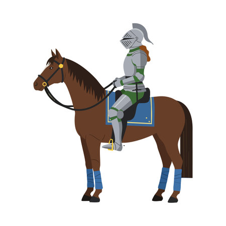 Illustration shows a medieval knight in shining armor riding a brown horse with blue saddle and protective leg wraps, calm and focused mood.のイラスト素材