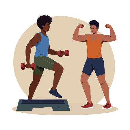 Two men perform strength training exercises using dumbbells and a step platform in a fitness routine with a focused and energetic mood.のイラスト素材