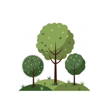 Illustration shows three green trees with varying shapes standing on a grassy hill representing nature and environment in a calm and peaceful scene.のイラスト素材