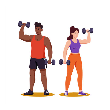 Man and woman lift dumbbells while standing, demonstrating strength and fitness in a bright and motivating scene. Energetic mood.のイラスト素材