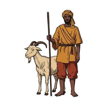The image shows an African man shepherd with a goat holding a staff, dressed in traditional attire and turban, depicted in a vector style. Calm mood.のイラスト素材