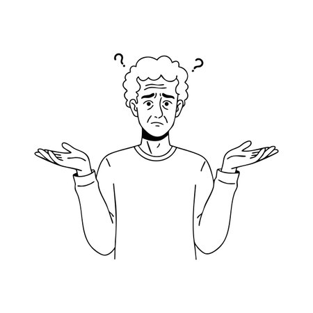 Illustration shows a confused man shrugging shoulders with question marks above his head, expressing uncertainty and doubt, in black and white style. Calm mood.のイラスト素材