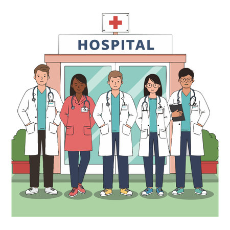 Medical professionals stand confidently outside a hospital entrance with a red cross symbol, representing healthcare teamwork and diversity, calm mood.のイラスト素材