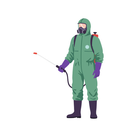 Person in full protective green hazmat suit using sprayer for contamination control in safety environment, creating a cautious and alert mood.のイラスト素材