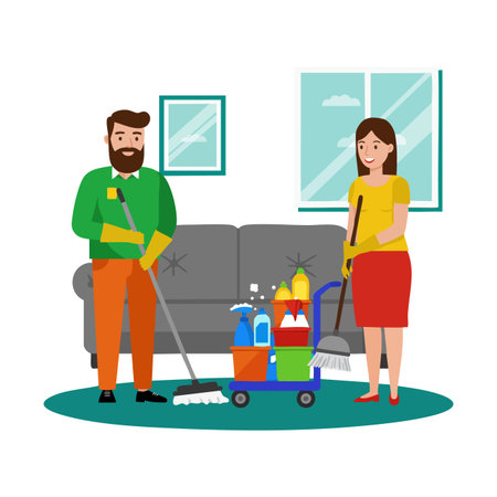 Man and woman clean a living room using mops and various cleaning supplies in a bright and tidy environment, cheerful mood.のイラスト素材