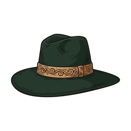Illustration shows a wide brim green fedora hat featuring a brown decorative band, presented on a white background, stylish and detailed.のイラスト素材