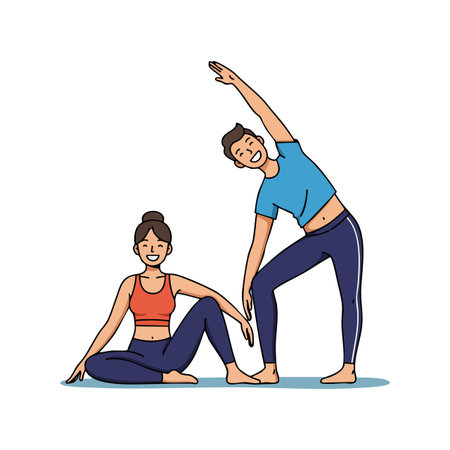Two people perform stretching exercises in comfortable activewear with smiling faces, promoting fitness and health in a relaxed mood.のイラスト素材