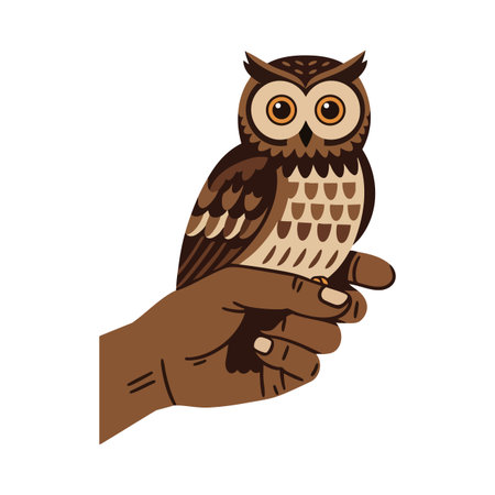 Illustration shows an owl perched on a human hand in brown tones with clean shapes and simple style. Calm and charming mood.のイラスト素材