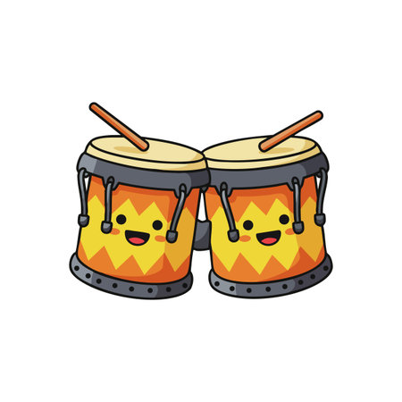 Vector illustration shows cheerful bongo drums with wooden sticks playing lively rhythms in a playful style. The mood is joyful and fun.のイラスト素材