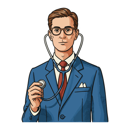 Illustration shows a male doctor wearing a blue suit and glasses using a stethoscope, representing healthcare and professionalism. Calm mood.のイラスト素材