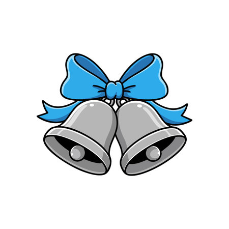 This vector illustration shows two silver wedding bells tied with a blue ribbon, symbolizing celebration and festivity in a cheerful mood.のイラスト素材