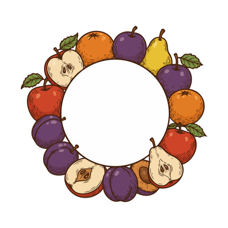 This vector illustration shows a circular wreath made of apples, plums, pears, and oranges arranged in a balanced composition, cheerful mood.のイラスト素材