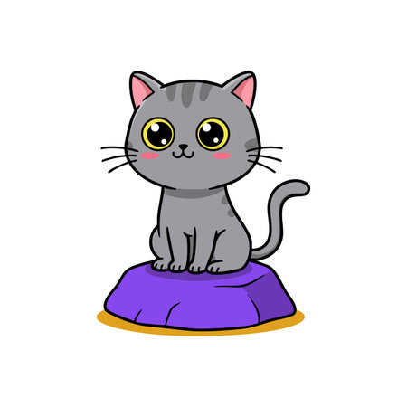 This vector shows a cute gray cat with big eyes sitting on a purple cushion in a charming style. The mood is delightful.のイラスト素材