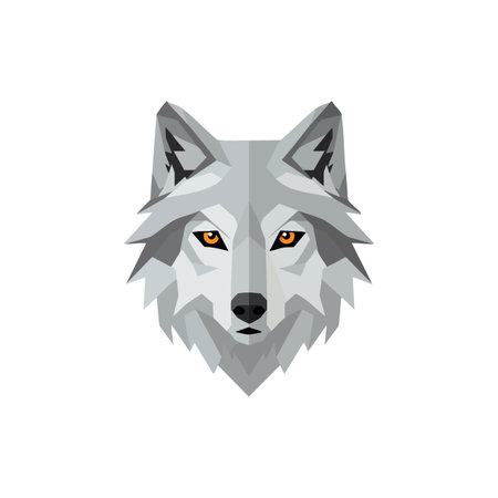 This vector illustration shows a wolf head with geometric shapes and orange eyes in shades of gray, presenting a modern and fierce mood.のイラスト素材