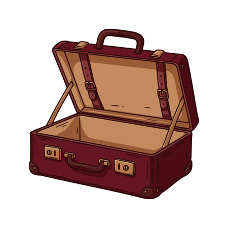 Illustration shows an open vintage brown leather suitcase with straps and handle, ready for travel or packing, with a nostalgic mood.のイラスト素材