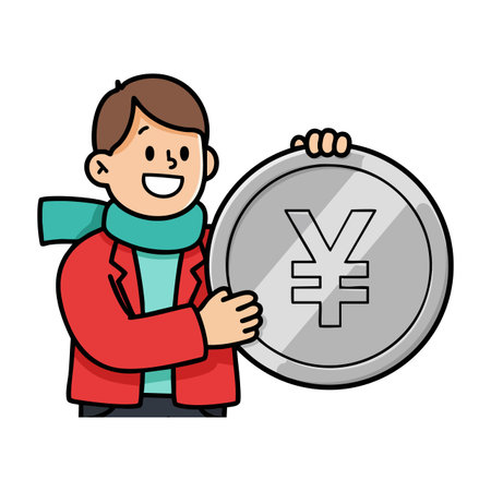 Illustration shows a happy man holding a large silver yen coin wearing a red jacket and turquoise scarf in a cheerful mood.のイラスト素材