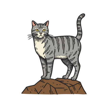 Illustration shows a gray tabby cat standing confidently on a brown rock with yellow eyes, captured in natural daylight setting. Calm mood.のイラスト素材