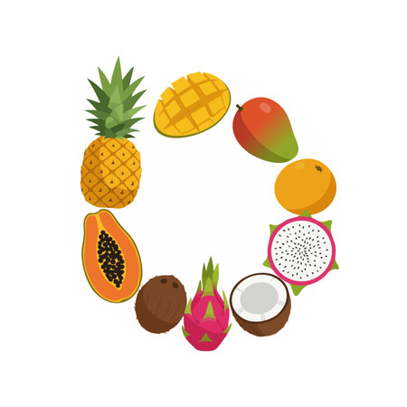 Vector illustration shows a circle of tropical fruits including pineapple, mango, coconut, and dragon fruit in bright colors. Cheerful mood.のイラスト素材