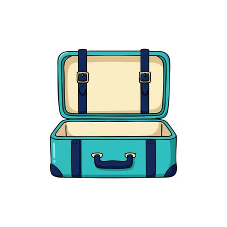 Illustration of an open turquoise suitcase with navy straps and handle showing empty inside, with clean lines and simple style, cheerful mood.のイラスト素材