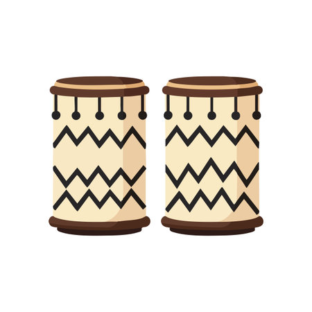 Vector illustration shows two African drums with brown and beige zigzag patterns in a simple flat style. Rhythmic and cultural mood.のイラスト素材