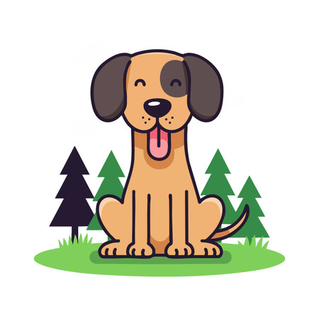 Vector illustration shows a smiling brown dog with floppy ears sitting on green grass with pine trees behind, cheerful and playful.のイラスト素材