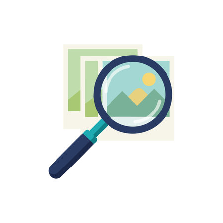Vector illustration shows magnifying glass examining photos with mountains and sun symbolizing image analysis in a clear style. Calm mood.のイラスト素材