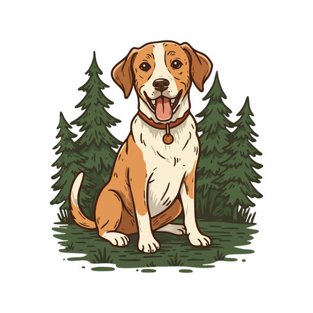 Illustration shows a happy brown and white dog sitting calmly in a pine forest, creating a peaceful and natural mood.のイラスト素材