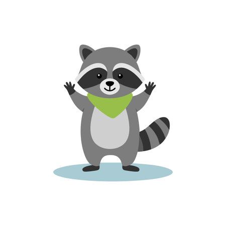 This vector illustration shows a cute raccoon wearing a green scarf standing on a blue shadow, creating a friendly and playful mood.のイラスト素材