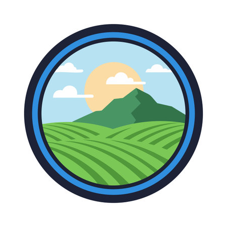 Vector illustration shows green fields and mountain under sun with clouds framed by blue circle, conveying calm and peaceful mood.のイラスト素材