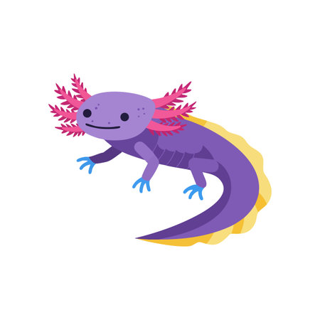 Vector illustration of a purple axolotl with pink gills and yellow tail fin in a simple style, showing aquatic amphibian features. Calm mood.のイラスト素材