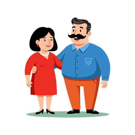 Illustration shows a middle aged couple standing close, smiling, dressed in casual clothes, conveying warmth and companionship, cheerful mood.のイラスト素材