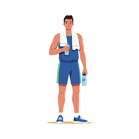 The image shows a male athlete in blue sportswear holding two water bottles and a white towel, standing confidently with a calm expression. Energetic.のイラスト素材