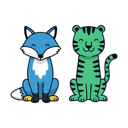 Blue fox and green tiger sit side by side in a cartoon style illustration with bright colors and simple shapes, creating a cheerful mood.のイラスト素材