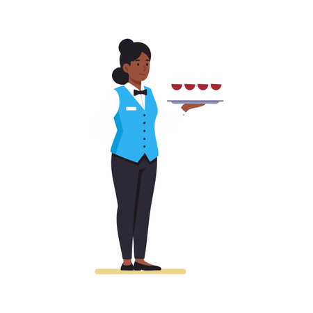 Woman waiter stands holding a tray with four glasses, wearing a blue vest and black bow tie, in a simple clean style, calm mood.のイラスト素材