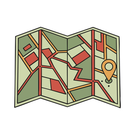 This vector shows a folded paper map with a location pin and routes, representing navigation and travel concepts in a simple style. Calm.のイラスト素材