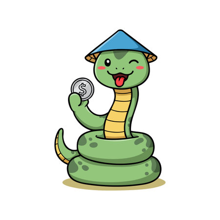 This vector illustration shows a cute green snake character holding a coin, winking with a playful expression and wearing a blue hat, cheerful mood.のイラスト素材