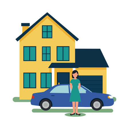 Illustration shows a woman standing beside a blue car parked in front of a yellow house with green windows and a garage, calm scene.のイラスト素材