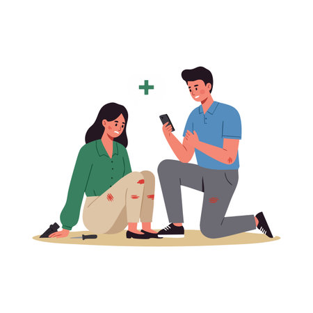 Man applies first aid to woman's injured knee using a smartphone for guidance in a calm and supportive scene. Caring mood.のイラスト素材