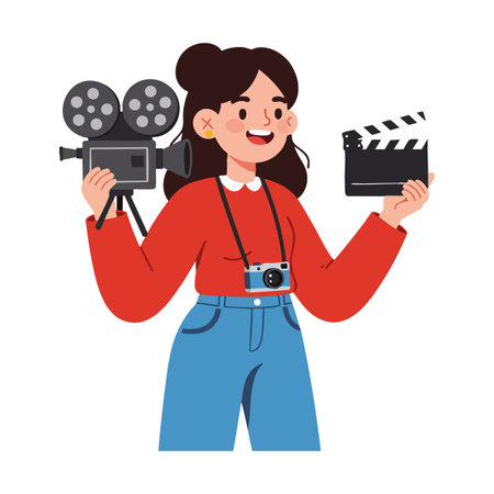 Illustration shows a young woman smiling while holding a vintage movie camera and clapperboard,...