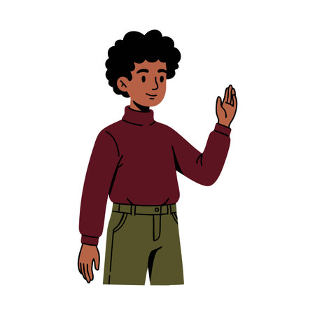 Illustration shows a young man with curly hair waving hand wearing casual clothes in a friendly manner, simple background, neutral mood.のイラスト素材